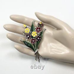 Vintage Trifari Alfred Philippe Enamel Flowers Fur Clip With Rhinestone-Book Piece