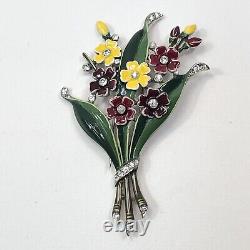 Vintage Trifari Alfred Philippe Enamel Flowers Fur Clip With Rhinestone-Book Piece