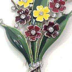 Vintage Trifari Alfred Philippe Enamel Flowers Fur Clip With Rhinestone-Book Piece