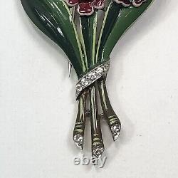 Vintage Trifari Alfred Philippe Enamel Flowers Fur Clip With Rhinestone-Book Piece
