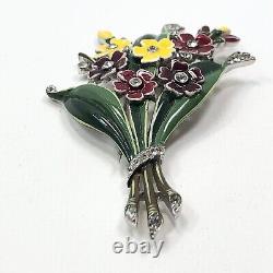 Vintage Trifari Alfred Philippe Enamel Flowers Fur Clip With Rhinestone-Book Piece