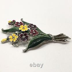 Vintage Trifari Alfred Philippe Enamel Flowers Fur Clip With Rhinestone-Book Piece