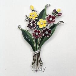 Vintage Trifari Alfred Philippe Enamel Flowers Fur Clip With Rhinestone-Book Piece