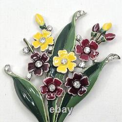 Vintage Trifari Alfred Philippe Enamel Flowers Fur Clip With Rhinestone-Book Piece