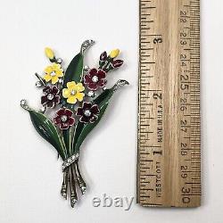 Vintage Trifari Alfred Philippe Enamel Flowers Fur Clip With Rhinestone-Book Piece