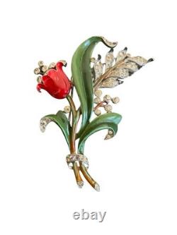 Vintage Trifari Alfred Philippe Flower Brooch Fur Pin Tulip Enamel Rhinestone