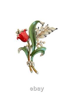 Vintage Trifari Alfred Philippe Flower Brooch Fur Pin Tulip Enamel Rhinestone