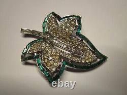 Vintage Trifari Alfred Philippe Green Crystal Rhinestone Leaf Brooch