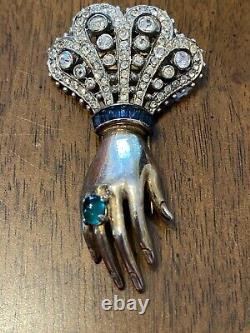 Vintage Trifari Alfred Philippe Hand Pin Clip Emerald & Sapphire Colors So Rare