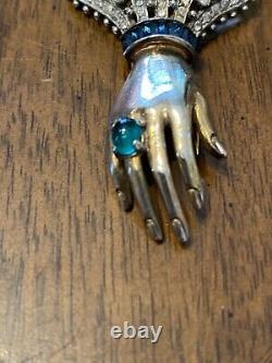 Vintage Trifari Alfred Philippe Hand Pin Clip Emerald & Sapphire Colors So Rare