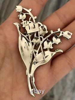 Vintage Trifari Alfred Philippe Lily Of The Valley Enamel Rhinestone Fur Clip