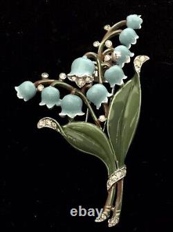 Vintage Trifari Alfred Philippe Lily Of The Valley Enamel Rhinestone Fur Clip