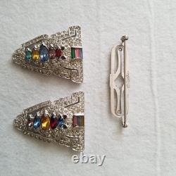 Vintage Trifari Alfred Philippe Pair Clips Multicolor Rhinestone Brooch