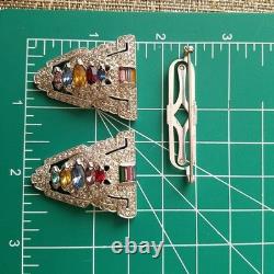 Vintage Trifari Alfred Philippe Pair Clips Multicolor Rhinestone Brooch