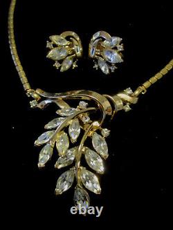 Vintage Trifari Alfred Philippe Pat Pend Pave Rhinestone Leaf Pendant Necklace+