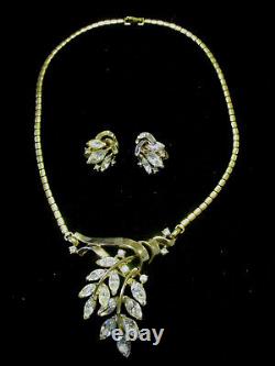 Vintage Trifari Alfred Philippe Pat Pend Pave Rhinestone Leaf Pendant Necklace+