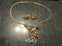 Vintage Trifari Alfred Philippe Pat Pend Pave Rhinestone Leaf Pendant Necklace+
