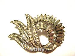 Vintage Trifari Alfred Philippe Pave Leaves and Baguette Double Swirl Silver Pin
