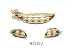 Vintage Trifari Alfred Philippe Pea Pod Brooch Earrings Set Rhinestone Gold Tone