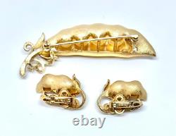 Vintage Trifari Alfred Philippe Pea Pod Brooch Earrings Set Rhinestone Gold Tone