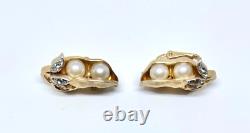Vintage Trifari Alfred Philippe Pea Pod Brooch Earrings Set Rhinestone Gold Tone