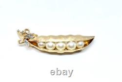 Vintage Trifari Alfred Philippe Pea Pod Brooch Earrings Set Rhinestone Gold Tone