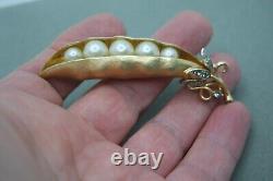 Vintage Trifari Alfred Philippe Pea Pod Brooch Earrings Set Rhinestone Gold Tone