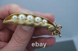 Vintage Trifari Alfred Philippe Pea Pod Brooch Earrings Set Rhinestone Gold Tone