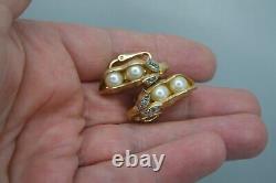 Vintage Trifari Alfred Philippe Pea Pod Brooch Earrings Set Rhinestone Gold Tone