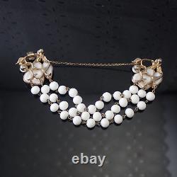 Vintage Trifari Alfred Philippe Pear Milk Glass 3 Strand Beaded 6 1/2 Bracelet