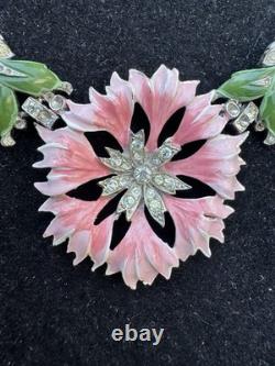 Vintage Trifari Alfred Philippe Rue De La Paix Pink Enamel Flower Necklace 16