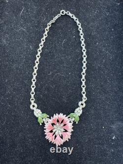 Vintage Trifari Alfred Philippe Rue De La Paix Pink Enamel Flower Necklace 16