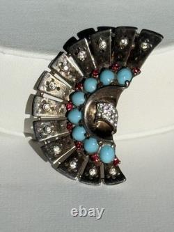 Vintage Trifari Alfred Philippe Sterling Fur Clip With Cabochons & Rhinestones