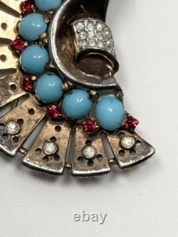 Vintage Trifari Alfred Philippe Sterling Fur Clip With Cabochons & Rhinestones