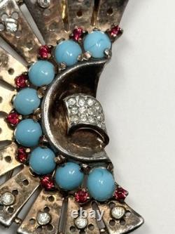 Vintage Trifari Alfred Philippe Sterling Fur Clip With Cabochons & Rhinestones