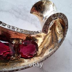 Vintage Trifari Alfred Philippe Sterling Scroll Pin Fur Clip With Red Stones rare