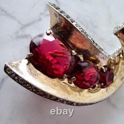 Vintage Trifari Alfred Philippe Sterling Scroll Pin Fur Clip With Red Stones rare