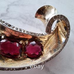 Vintage Trifari Alfred Philippe Sterling Scroll Pin Fur Clip With Red Stones rare