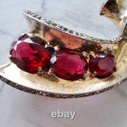 Vintage Trifari Alfred Philippe Sterling Scroll Pin Fur Clip With Red Stones rare