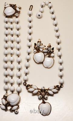 Vintage Trifari, Alfred Philippe, White Apple set, Necklace, Earrings, Bracelet