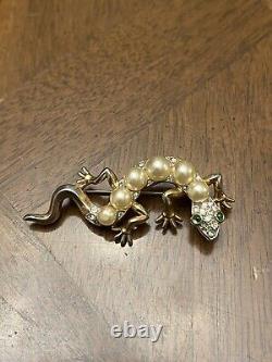 Vintage Trifari Brooch Alfred Philippe Reptile Lizard Faux Pearls Emerald Eyes