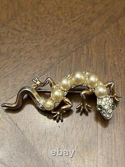 Vintage Trifari Brooch Alfred Philippe Reptile Lizard Faux Pearls Emerald Eyes