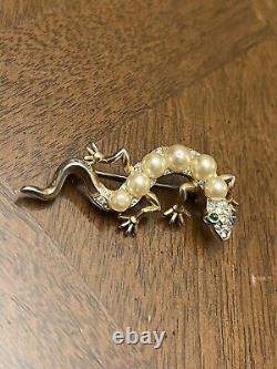 Vintage Trifari Brooch Alfred Philippe Reptile Lizard Faux Pearls Emerald Eyes