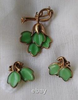 Vintage Trifari Crown Alfred Philippe Green Tullips Brooch and Earrings Set