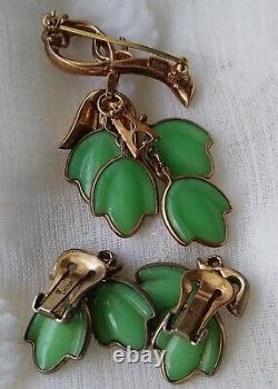 Vintage Trifari Crown Alfred Philippe Green Tullips Brooch and Earrings Set