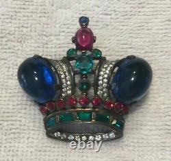 Vintage Trifari Crown Pin Brooch Alfred Philippe Rhinestones Blue Cabochons