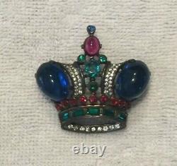 Vintage Trifari Crown Pin Brooch Alfred Philippe Rhinestones Blue Cabochons