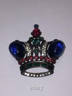 Vintage Trifari Crown Pin Brooch Alfred Philippe Rhinestones Blue Cabochons