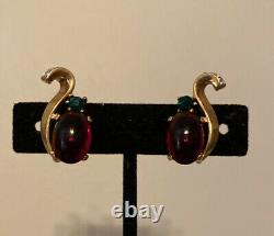 Vintage Trifari Earrings Alfred Philippe Royal Crown Ruby Cabochon