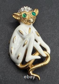 Vintage Trifari Monkey Brooch White Enamel Green Rhinestone Alfred Philippe